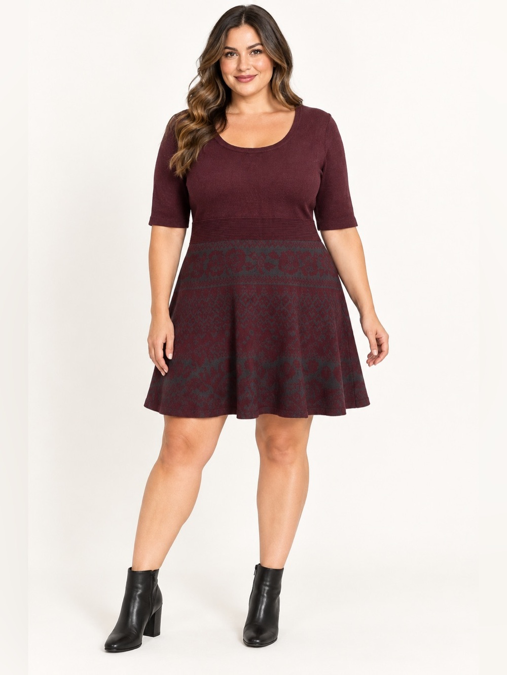 Nina Leonard Large Burgundy Knit Fit & Flare Sweater Dress Floral Jacquard